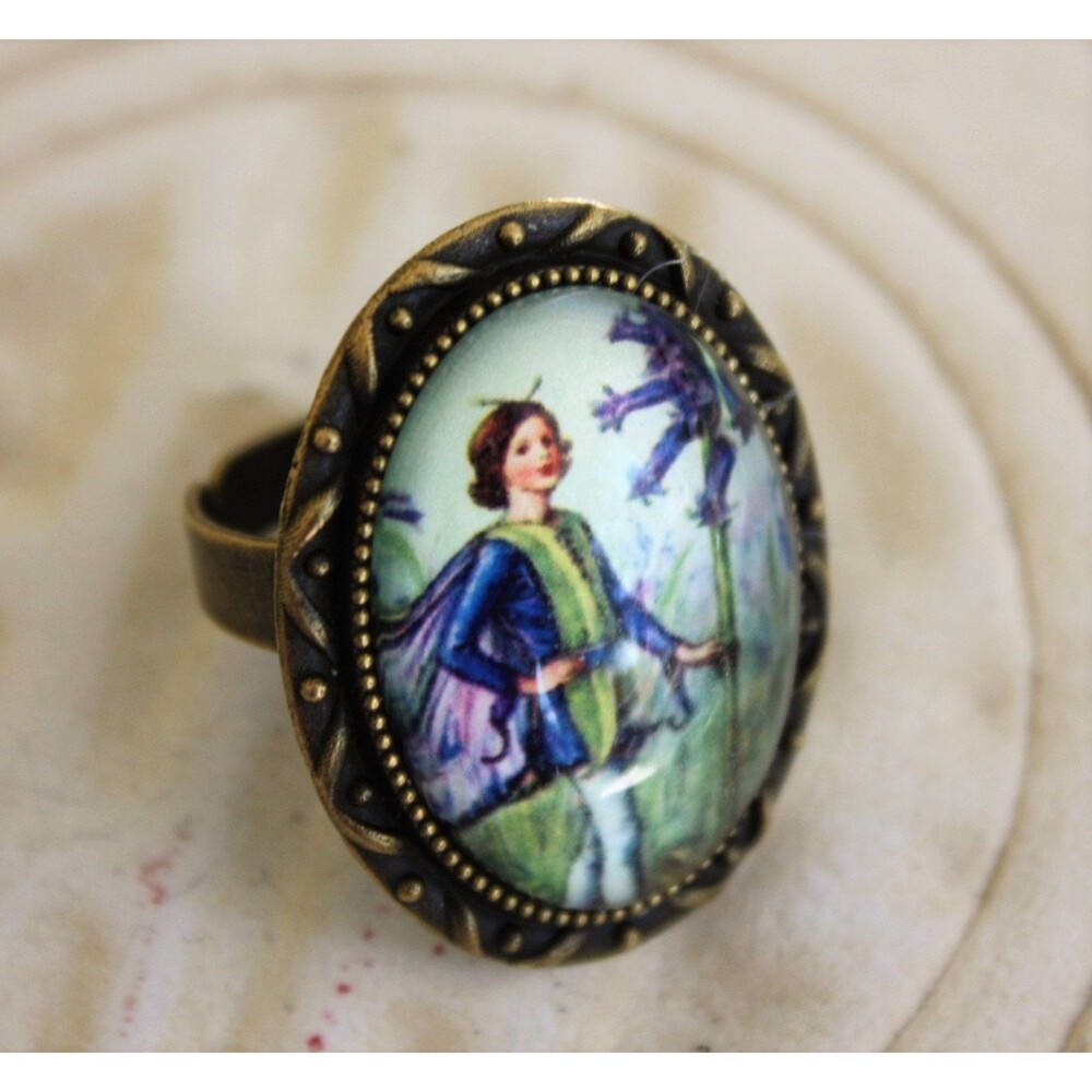 Blue Fairy Ring, Vintage Fairy Image Glass Cabochon Statement Ring, Antiqued Bro